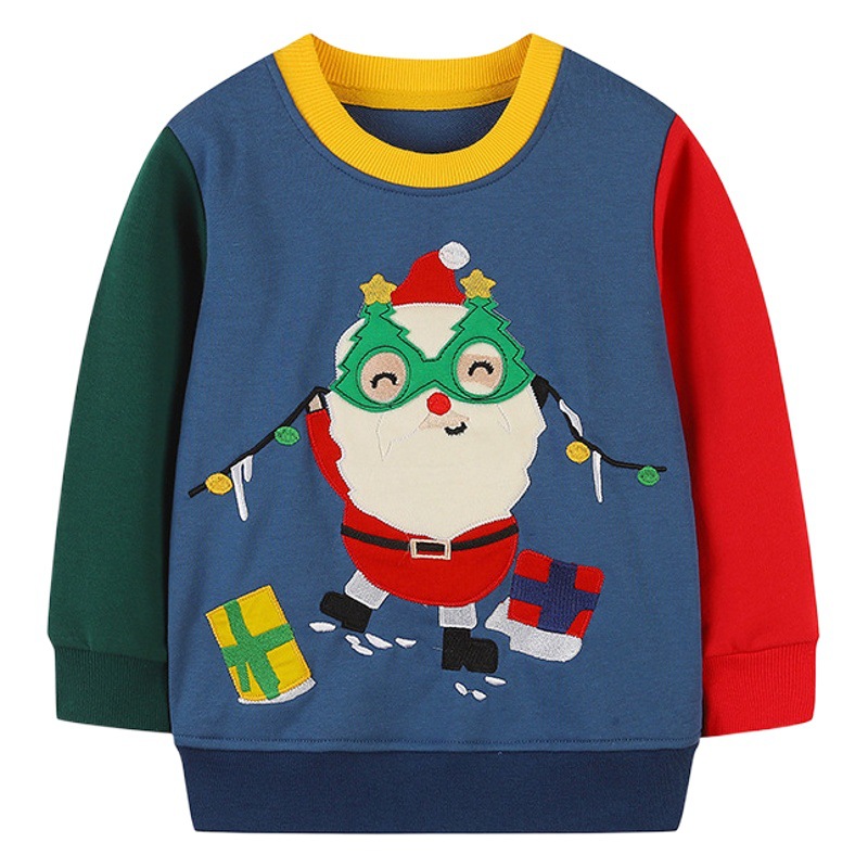 Sudadera de moda con bloques de color para niños, estilo europeo y americano, jersey bordado de Papá Noel, ropa infantil de otoño 26 image 1