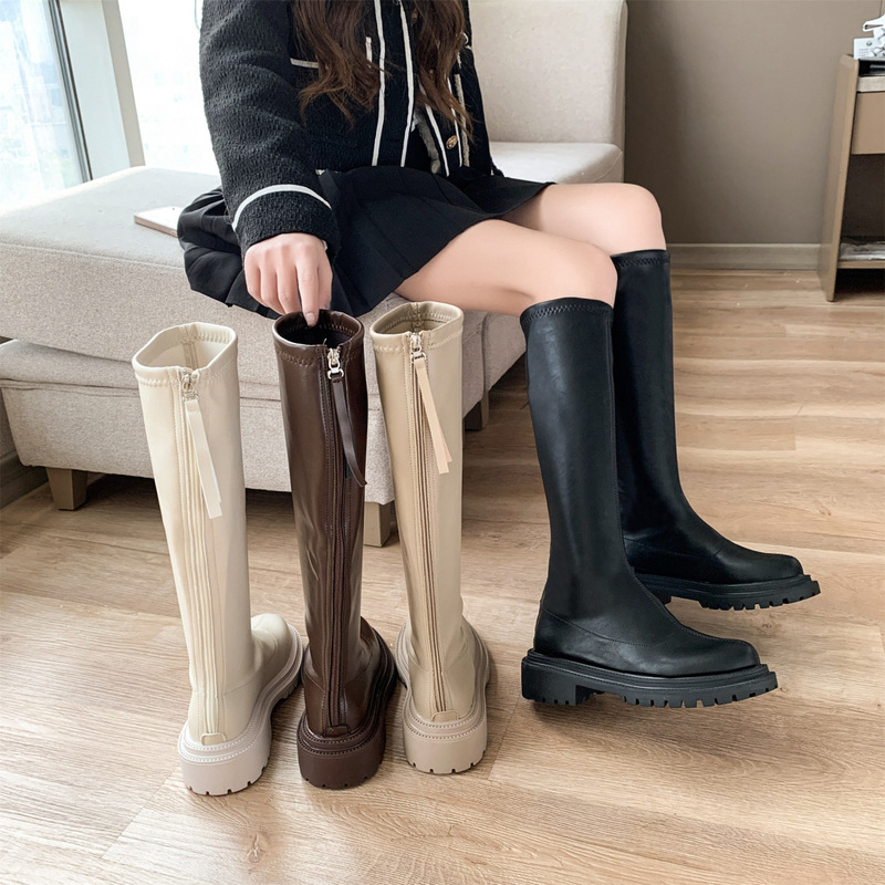Women's Long Boots 2024 Fall/Winter fleece-lined Elastic Boots Thin Thick Heel Round Head Knee-high Boots High Boots But Knee Knight Boots