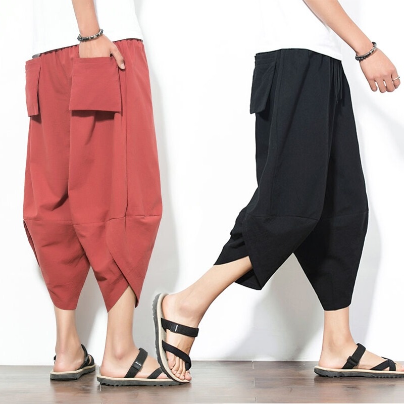Summer Thai knickerbockers men's loose Harlan wide-leg pants crotch pants beach pants cotton and linen capri pants plus size radish pants