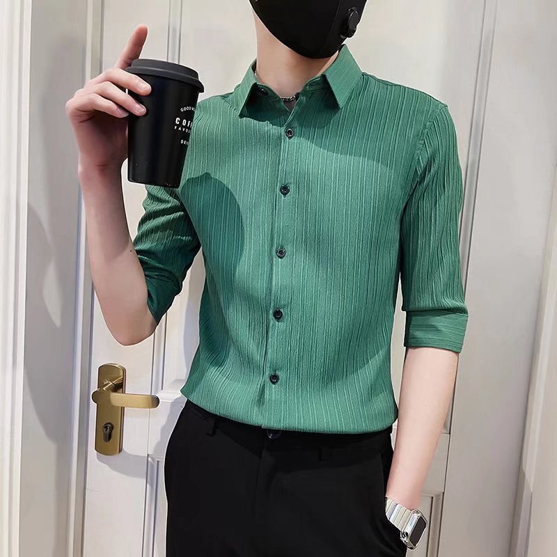 Striped Luxury Short Sleeve Dress Shirt for Wedding, Prom, Social Occasions, Lapel Collar Men's Clothing