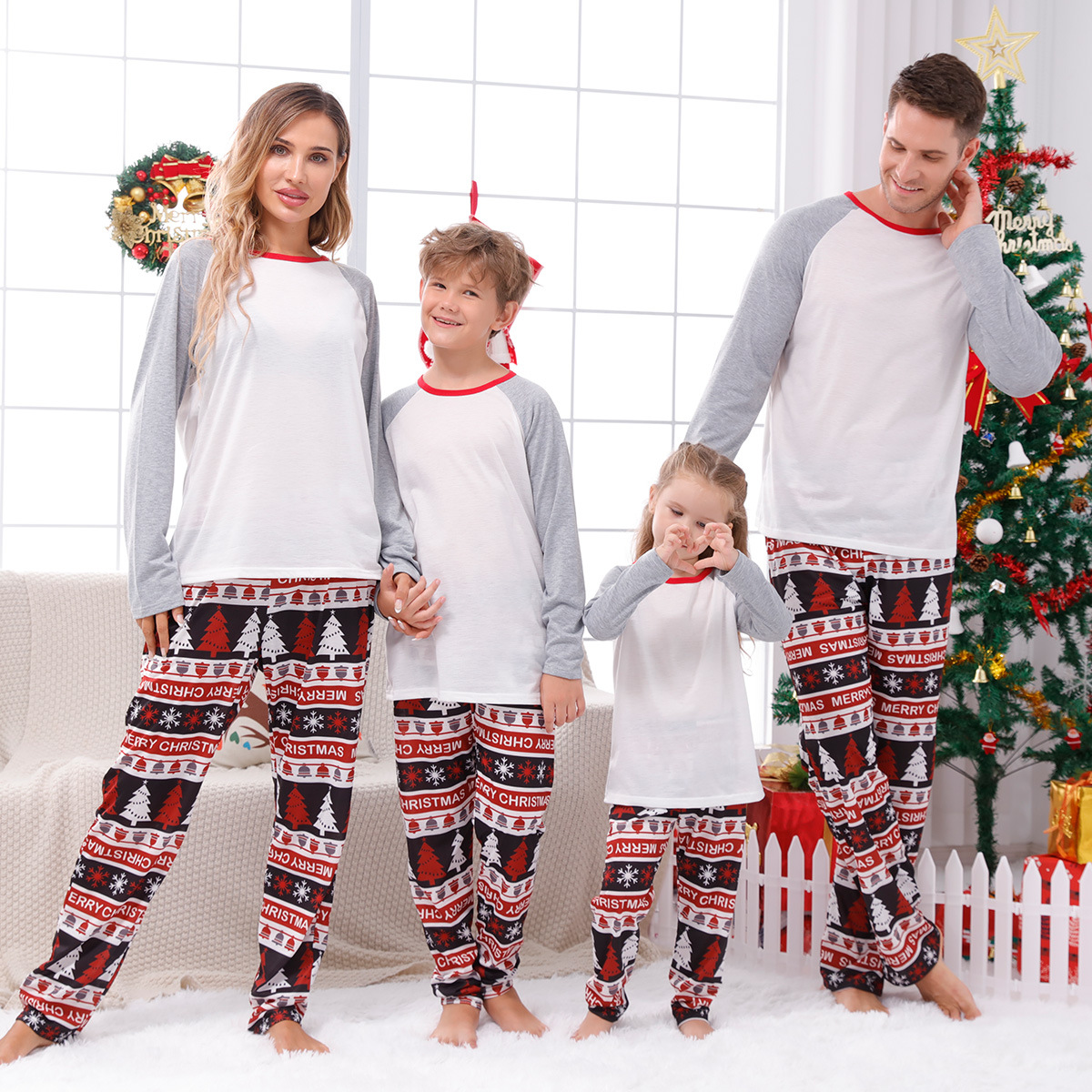 Casual Christmas Tree Letter Stripe Cotton Pants Sets Straight Pants Blouse Family Matching Outfits display picture 1