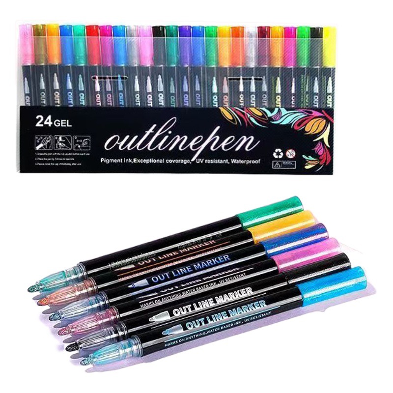 Doble línea de contorno pluma fantasía metal 12 color DIY mano cuenta multicolor Navidad resaltador tarjeta de felicitación pluma de contorno al por mayor