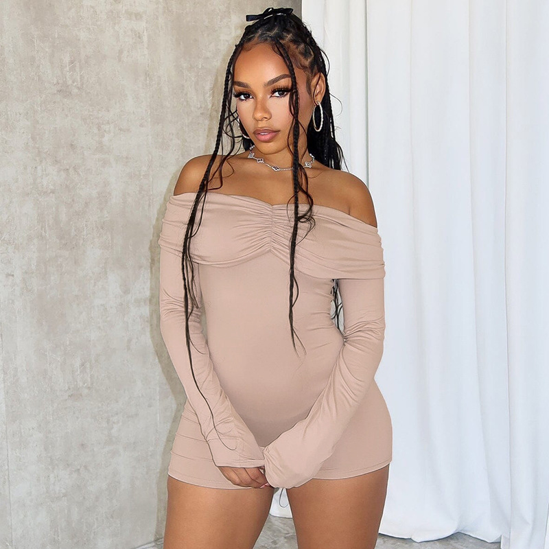 Women Clothing Off Shoulder Pleating Long Sleeve Tight High Waist Romper Women