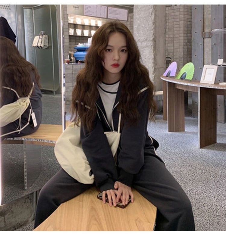 ActiveGo Sports Casual Suit Women Autumn Winter 2024 New Fashion Hong Kong Style Retro Wide Leg Pants Sweatshirt Two Piece Set_desvips.com