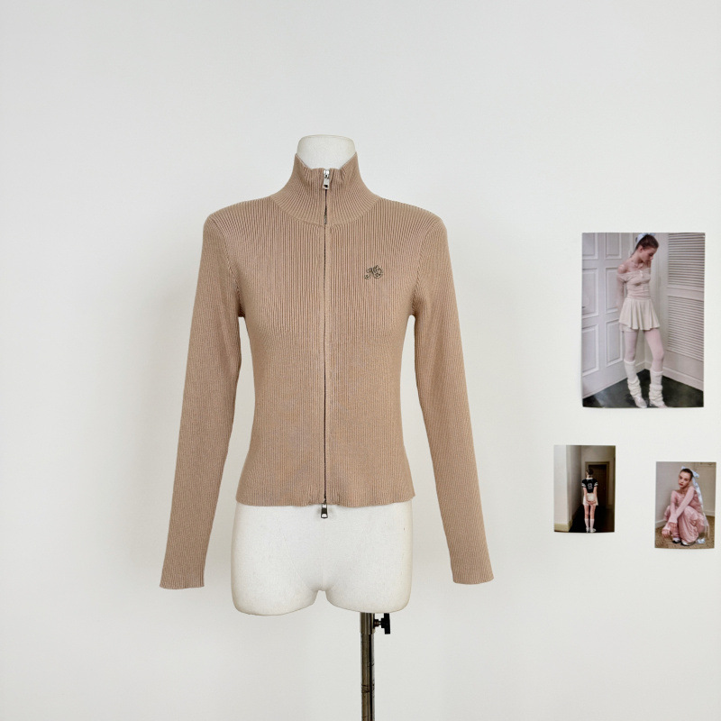 American Retro Slim Fit Stand Collar Knitted Cardigan Women's Autumn and Winter Short Double Zipper Versatile Top