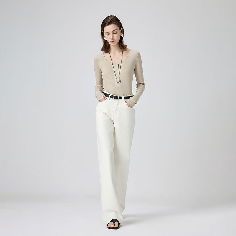 White Minimalist Straight-Leg Pants for Women, 2025 Spring and Autumn New Style, Loose Fit, Slimming, Pure Cotton, Floor-Length Jeans, Custom-Made