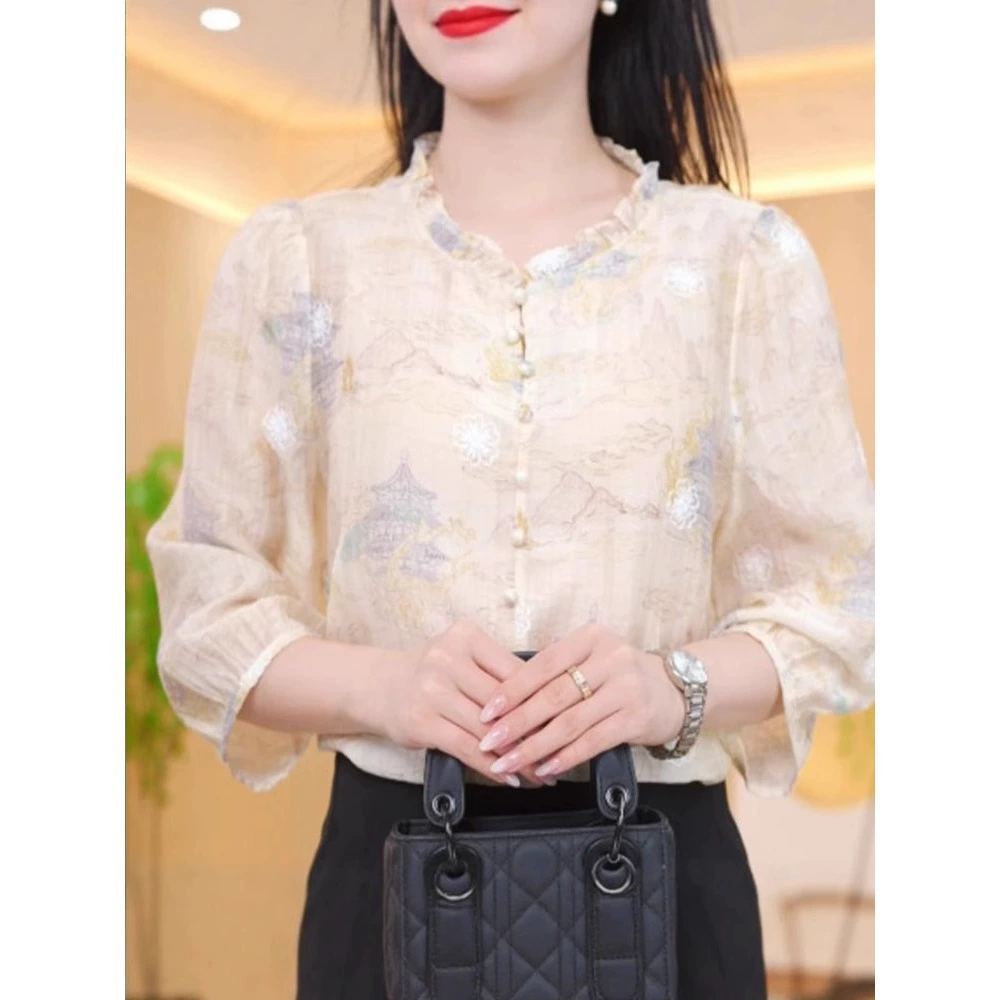 2025 новый элегантный женский топ с китайским дизайном, три четверти рукава, шифоновая блузка с принтом A3848