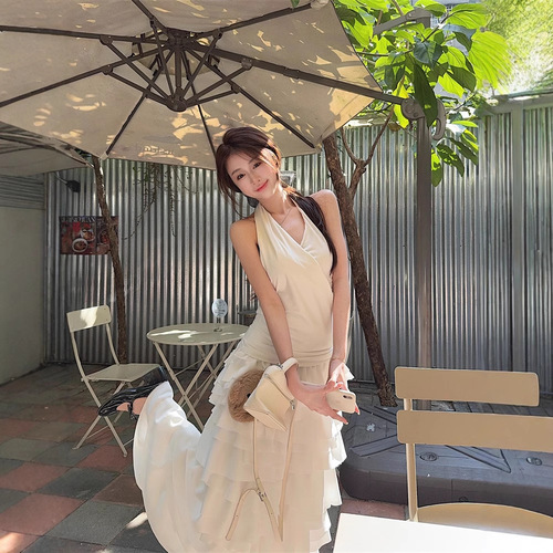 ~White Necktie Dress Set for Women Spring French Cake Dress Long Skirt Korean Version 2025