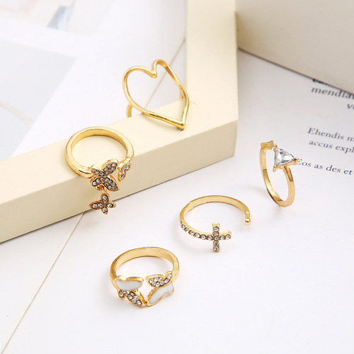 Cross-border cross-triangle heart full diamond butterfly ring set 5 pieces creative retro women's joint ring