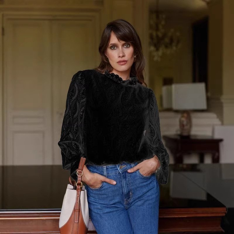 Comercio exterior de mujeres europeas y estadounidenses transfronterizas de encaje francés de manga larga de cuello medio alto chaqueta delgada Jacquard encaje pillado en el interior image 5