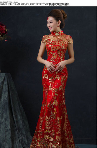 Toast dress the bride restoring ancient ways  red long show thin cheongsam fishtail wedding dress 