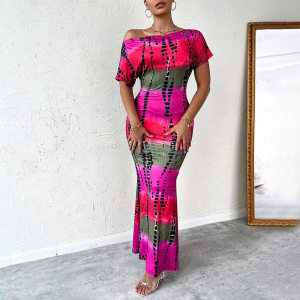 product - wholesale Women Clothing Printed Short Sleeve Diagonal Collar Slim Fit Sexy Dress Maxi Dress - 1
