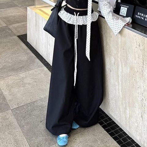 韩系穿搭一字肩波点拼接长袖衬衫上衣套装女夏高腰花边拼接阔腿裤|undefined