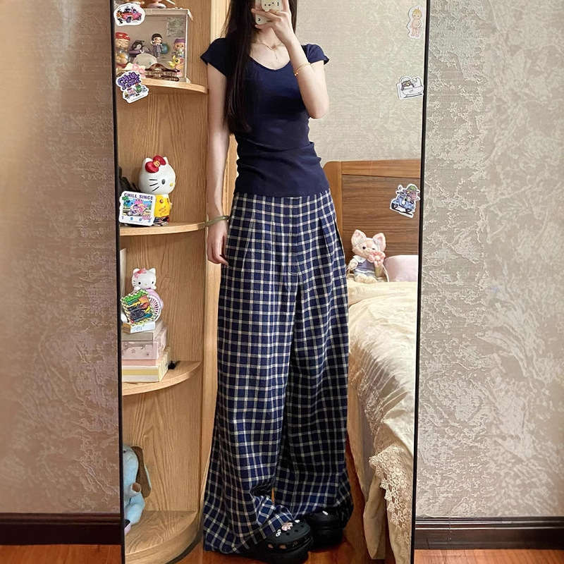 Trendy Summer Plaid Pants for Women 2026 New High-Waisted Casual Straight Loose Lazy Style Wide-Leg Pants