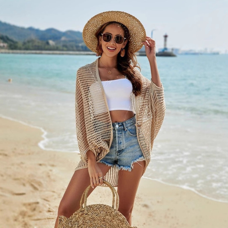 2026 Batwing Sleeve Cardigan Shawl Hollow-Out 7/8 Sleeve New European and American Style Knit Fishnet Top Women's Jacket