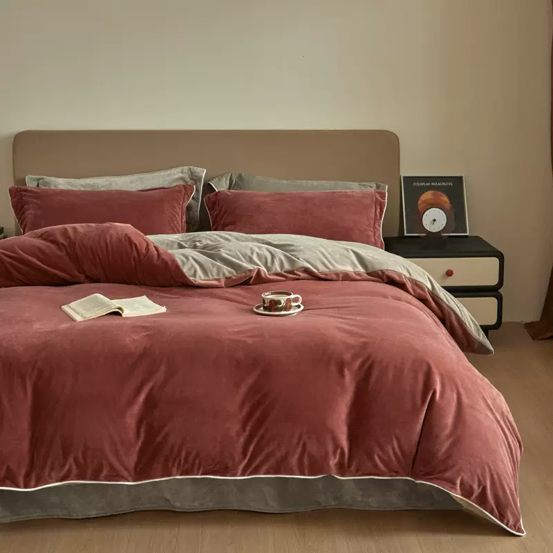 舒尊客||A类高克重德芙绒拼色加厚保暖四件套高级感冬季水晶绒品