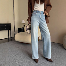 春不晚 时髦特调!浅蓝牛仔加绒加厚欧洲站小个子保暖直筒牛仔裤女