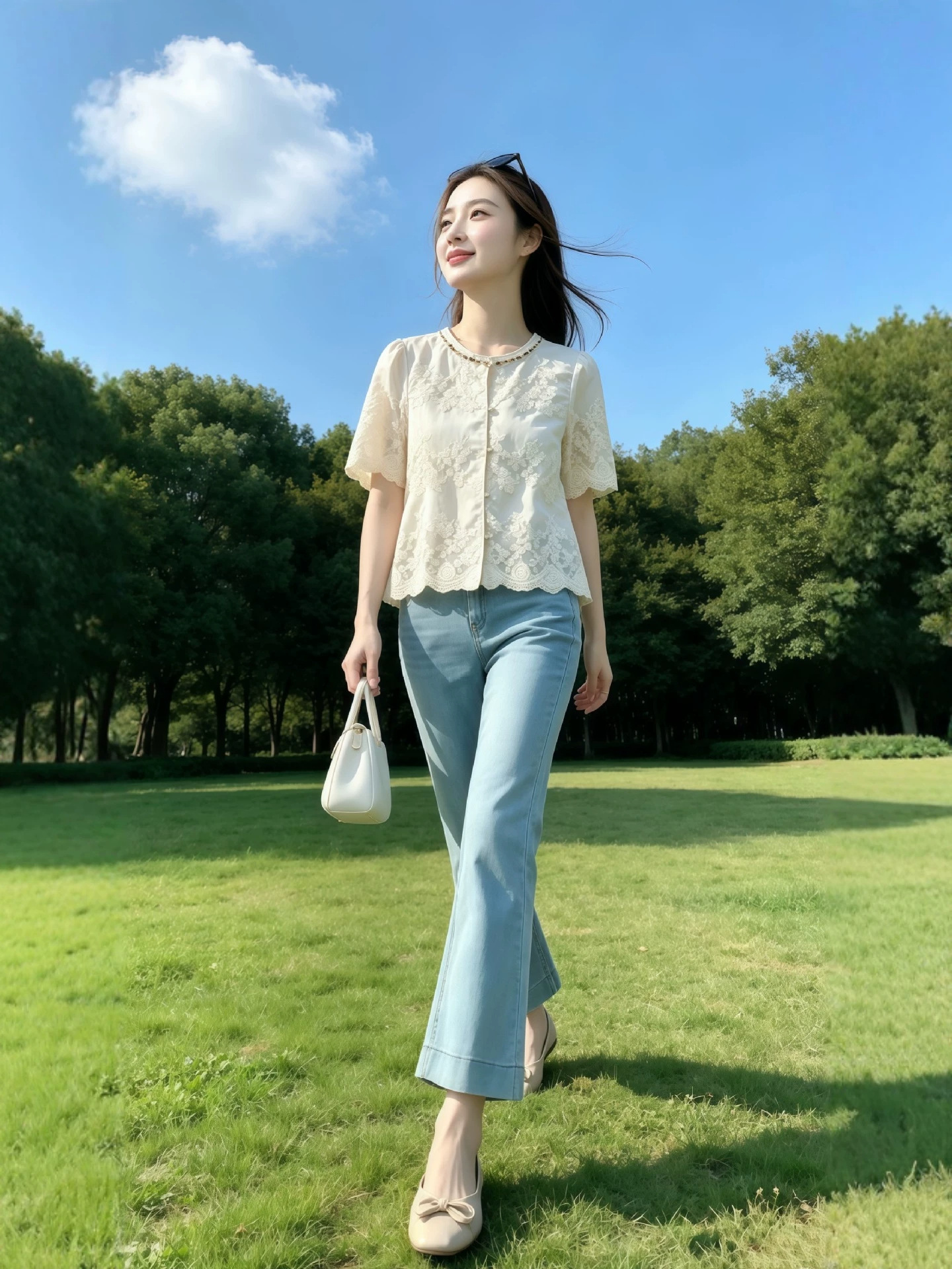 Áo sơ mi nữ tay ngắn ren thêu cao cấp, phối đính cườm, form suông nhẹ — màu trắng ngà