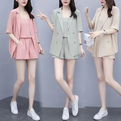 Plus-Size Women's Clothing Set 2026 Summer New Style Slimming Three-Piece Set with a Stylish Camisole, Blazer, and Shorts