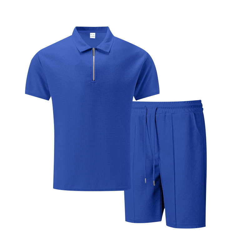 Men's Clothing Men's Casual Short Sleeve T-Shirt And Shorts Set Solid Color Lapel Zipper Waffle Design Summer Fashion_viptrois.com