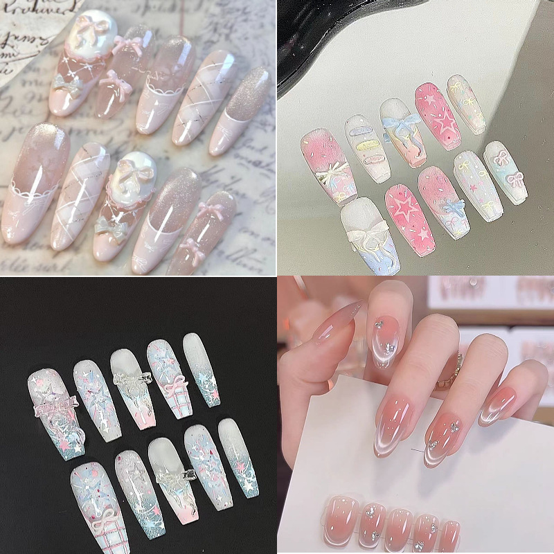 Cat Eye 2025 Semi-Handmade Manicure Bow Pink French Wearable Nails Whitening Nails Temperament Guardian Sweetheart