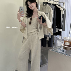 thelimon柠檬绿茶秋季慵懒风针织开衫内搭背心吊带休闲裤三件套女