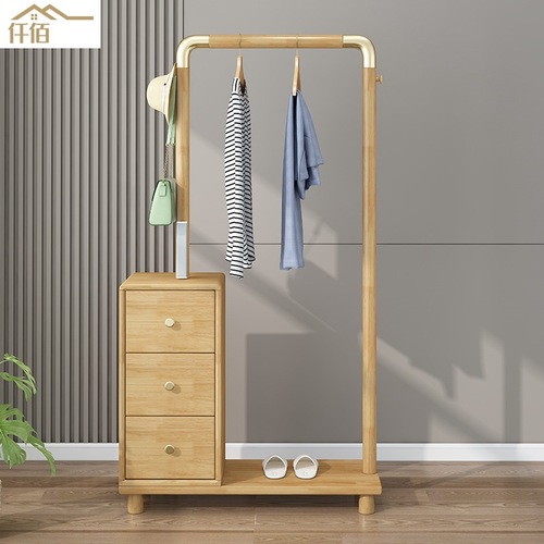 Modern Minimalist Chinese-style Solid Wood Wardrobe Rack with Drawers, Bedroom Clothes Drying Rack, Floor Storage and Display Shelf with Night Light