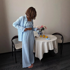2025春の新型ファッションの流行は目を凝らして綿麻の長ズボンの3つのセットの女性の越境欧米の卸売りを透かします。