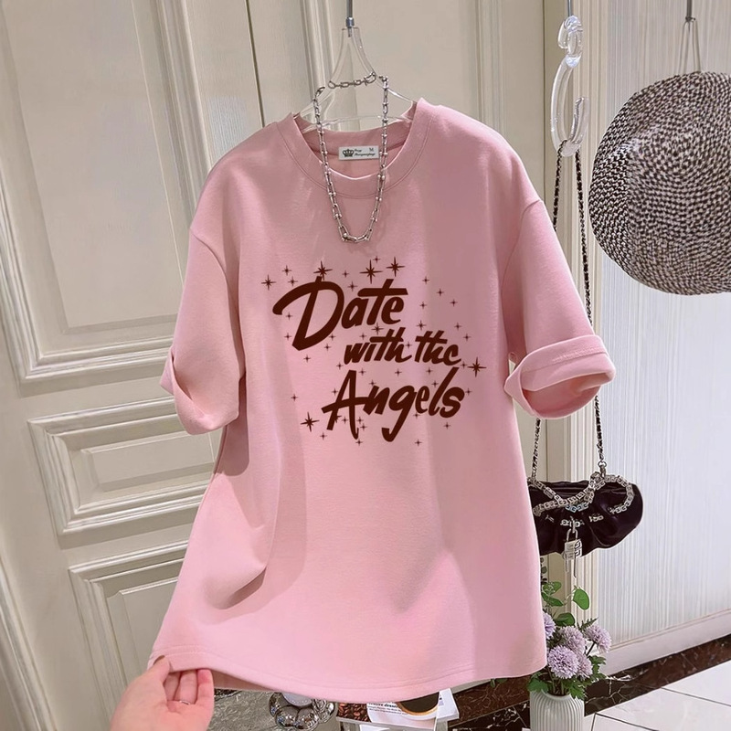 Pink Round Neck Short Sleeve T-Shirt Women's Loose 2025 New Summer High Texture Letter Casual Mid-length Top Pink Round Neck Short Sleeve T-Shirt Women's Loose 2025 New Summer High Texture Letter Casual Mid-length Top