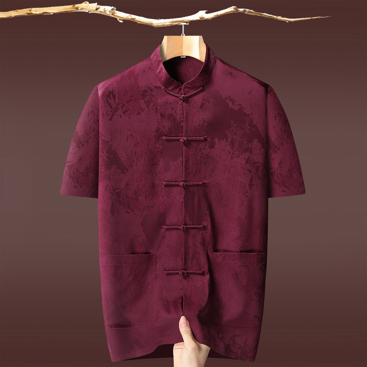 Kişi üçün yay Hanfu dəsti, qısaqollu Çin üslubu, orta yaşlı