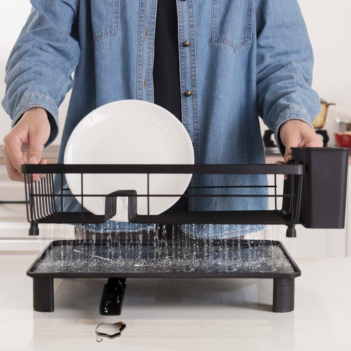 Rejilla de drenaje de platos negros transfronterizos con tubo de cuchillo y tenedor, mesa de cocina, estante para platos de una sola capa, estante para fregadero de vajilla