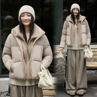冬季新款女时尚设计拼接门襟假两件羽绒棉服短款毛毛立领棉衣外套