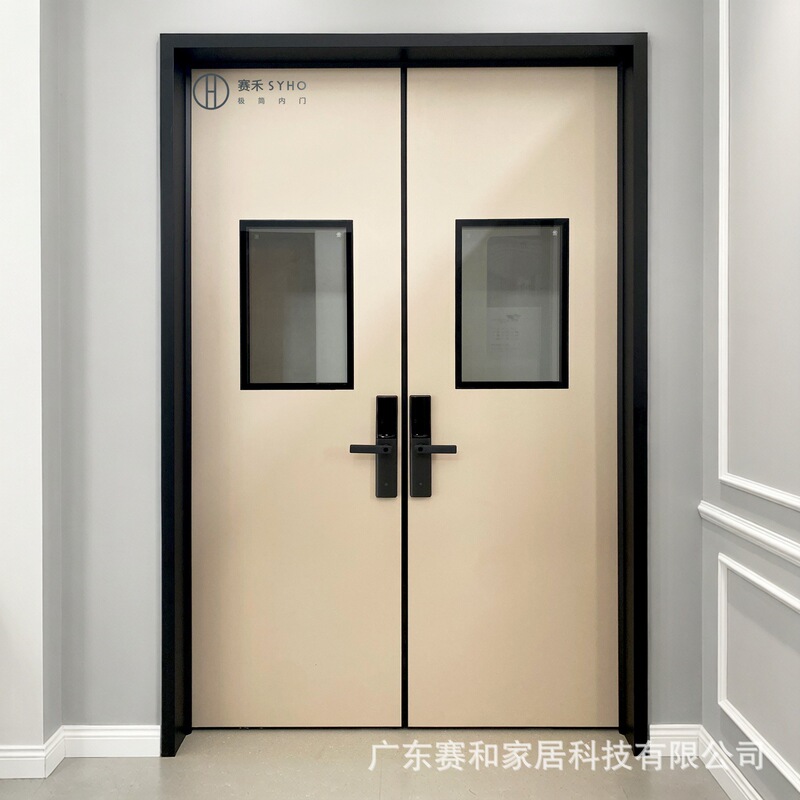 Office double-door aluminum-wood composite conference room door, featuring a double-layer glass window, and custom-made for use as a hospital ward door