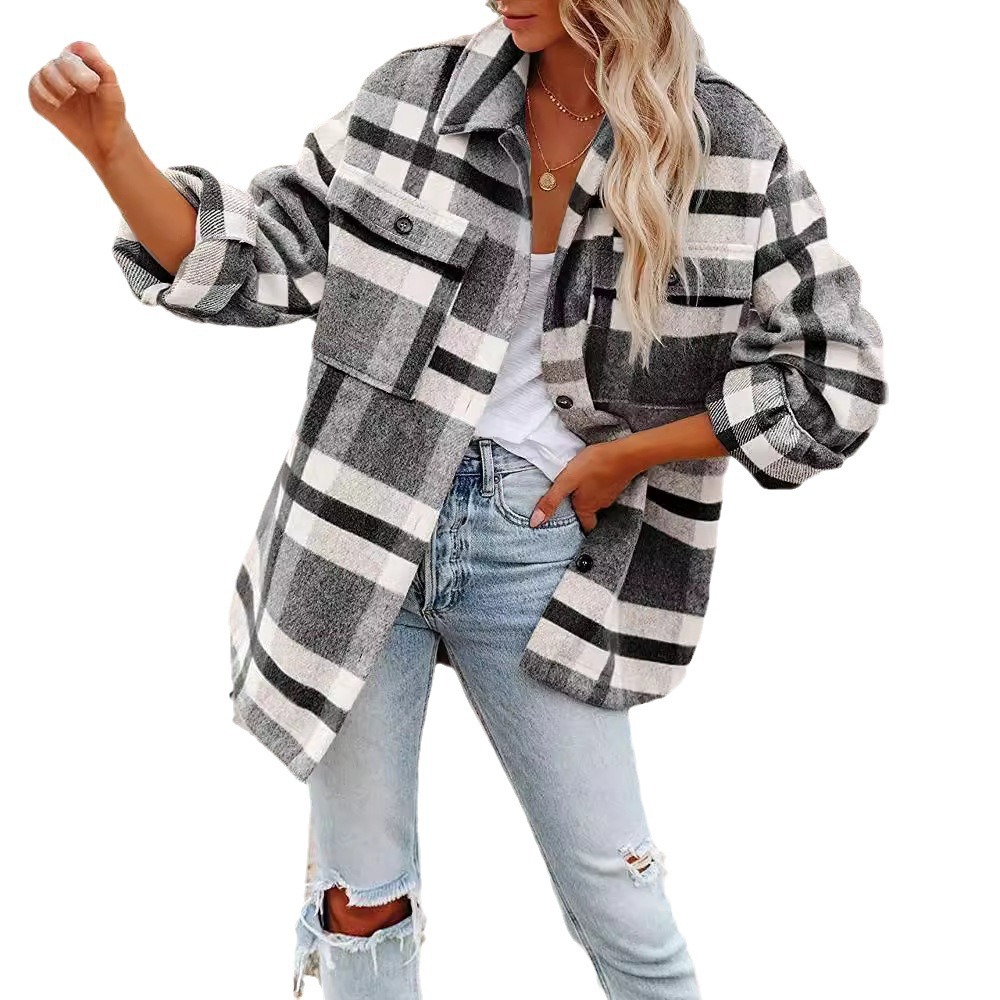 2022 Amazon Otoño e Invierno ropa de mujer transfronteriza europea y americana Amazon botón a cuadros franela abrigo de camisa de lana