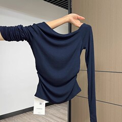藏蓝色斜肩长袖T恤女2025春秋装露肩褶皱收腰显瘦一字肩打底衫上