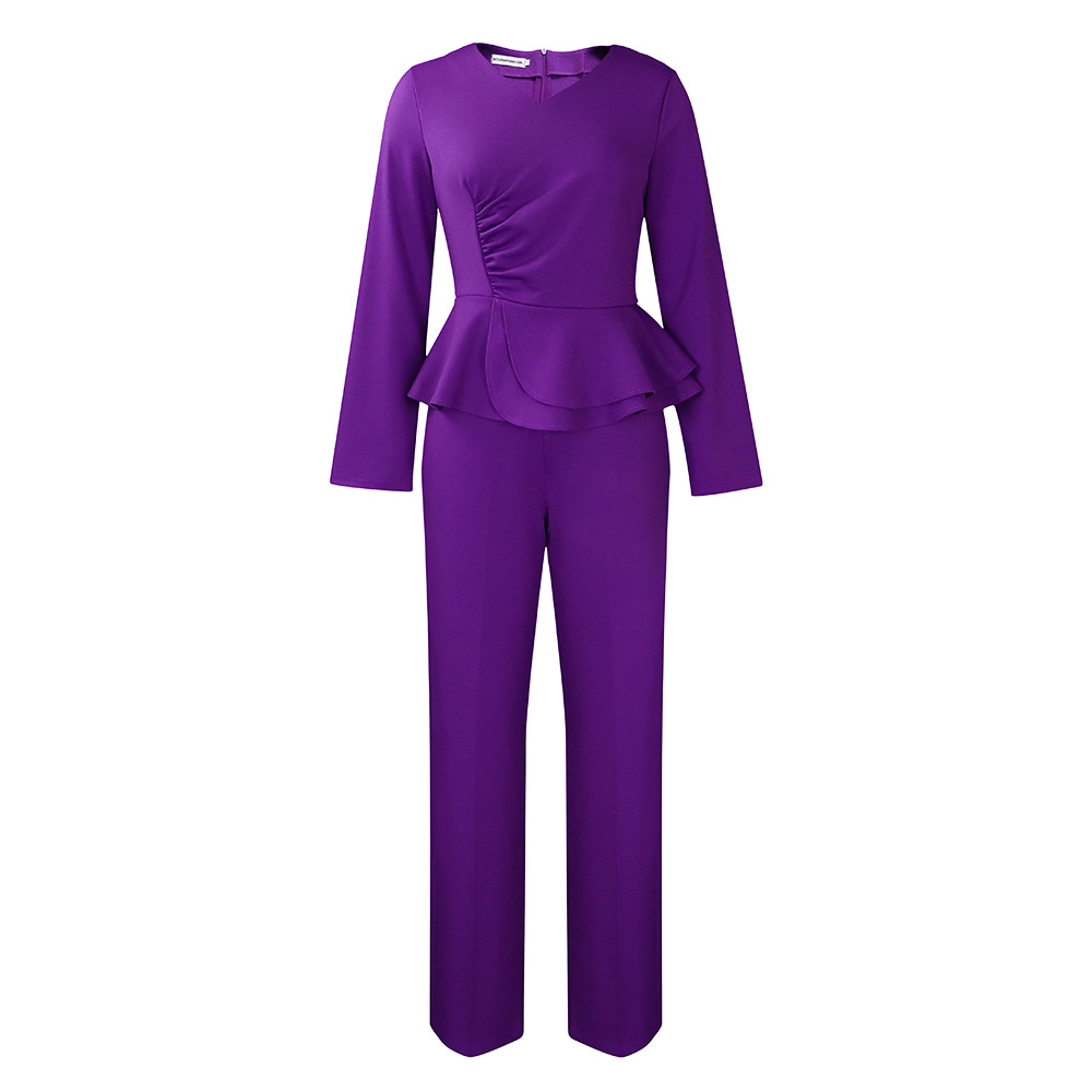 Autumn and winter women's new long-sleeved elegant temperament OL ruffled V-neck tops and pants two-piece set_voghion.com