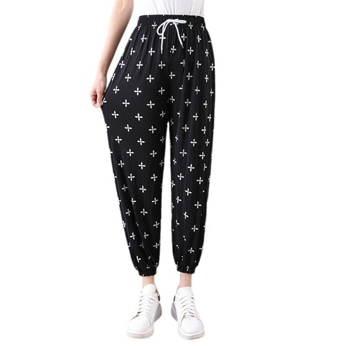 Cross-border best-selling summer women's ice silk pants for middle-aged and elderly loose casual home pants with elastic and thickening for square sports
