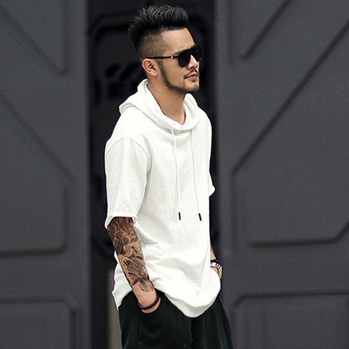 Cap sleeve men's fashion hat T-shirt loose large size hip-hop hat sweater half sleeve summer thin model with hat black hoodie