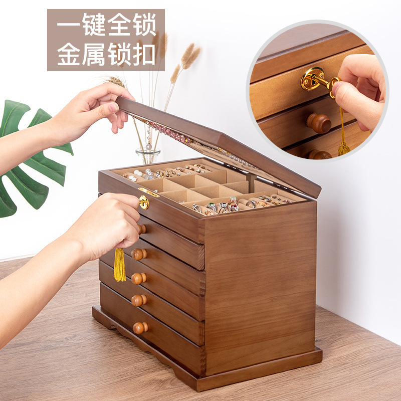 精巧なアクセサリーの箱の中古風の収納の箱の大容量のピアスのイヤリングのネックレスのアクセサリーの木製の引き出し式の宝石箱|undefined