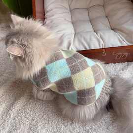 猫咪衣服秋冬保暖防寒超萌可爱复古蓝金金渐层针织宠物小狗狗毛衣