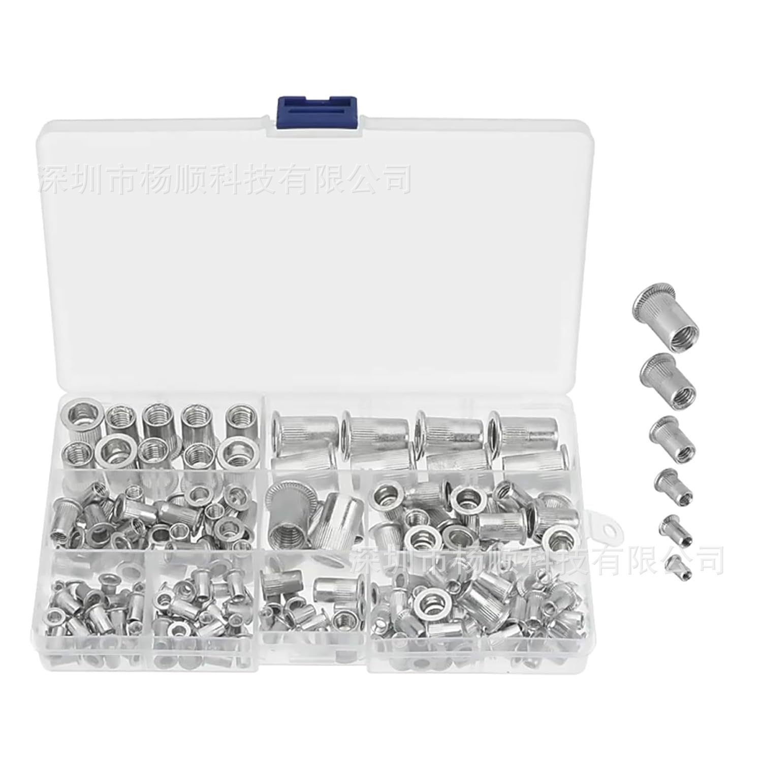 跨境165pcs盒装铝制螺母平头螺帽柳钉竖纹拉铆螺母M3-M10组合套装