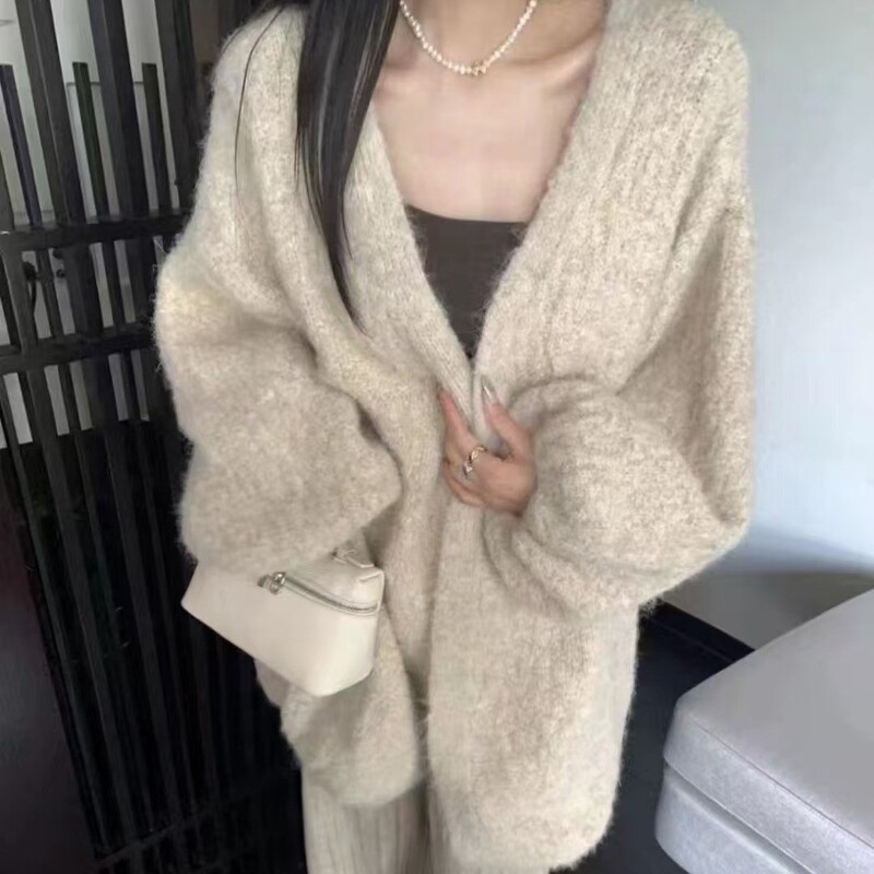 韩系慵懒风灯笼袖软糯毛衣外套女秋冬宽松大版气质洋气针织开衫|undefined