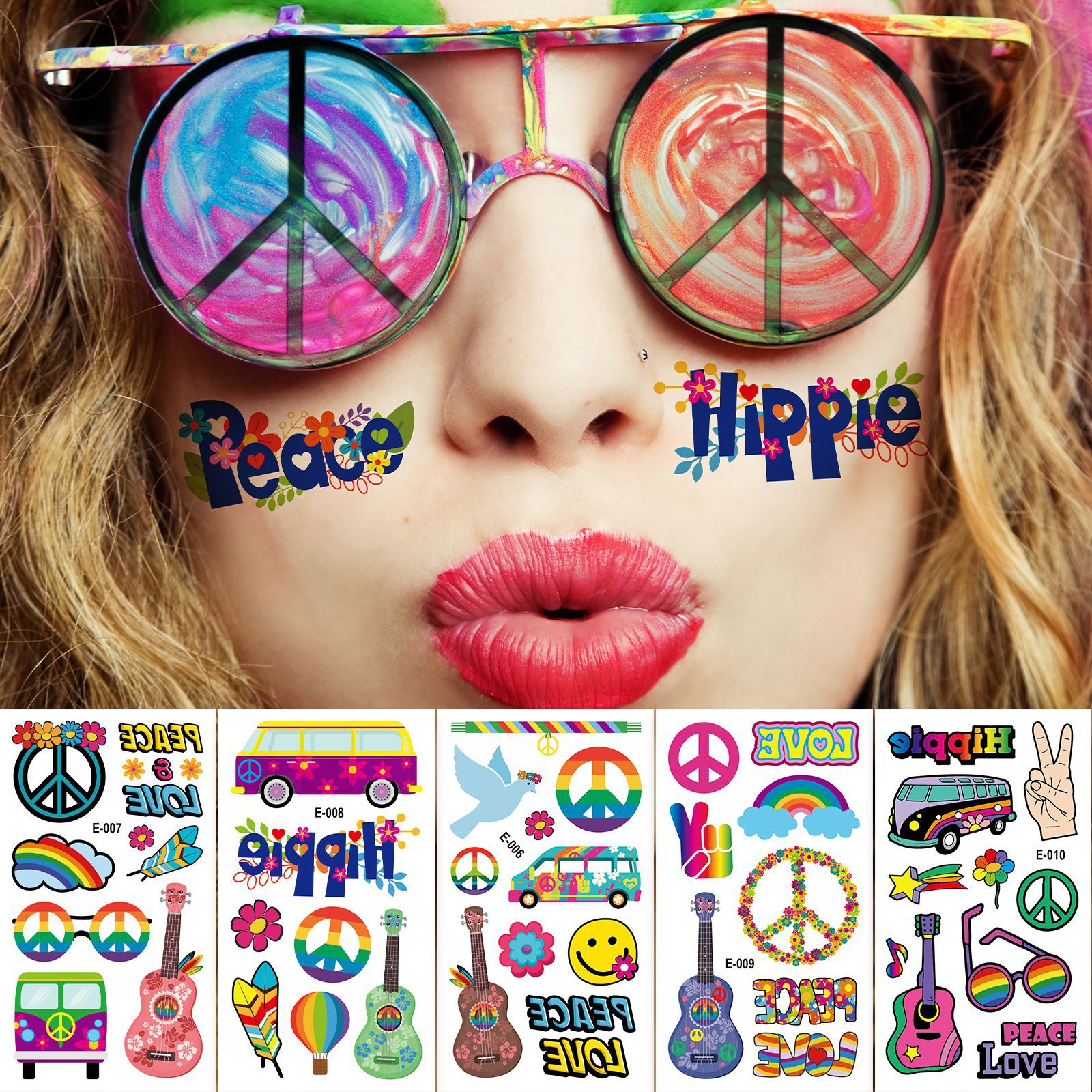欧美热销 嬉皮士peace love防水纹身贴脸贴 男女HIPPIE派对纹身贴