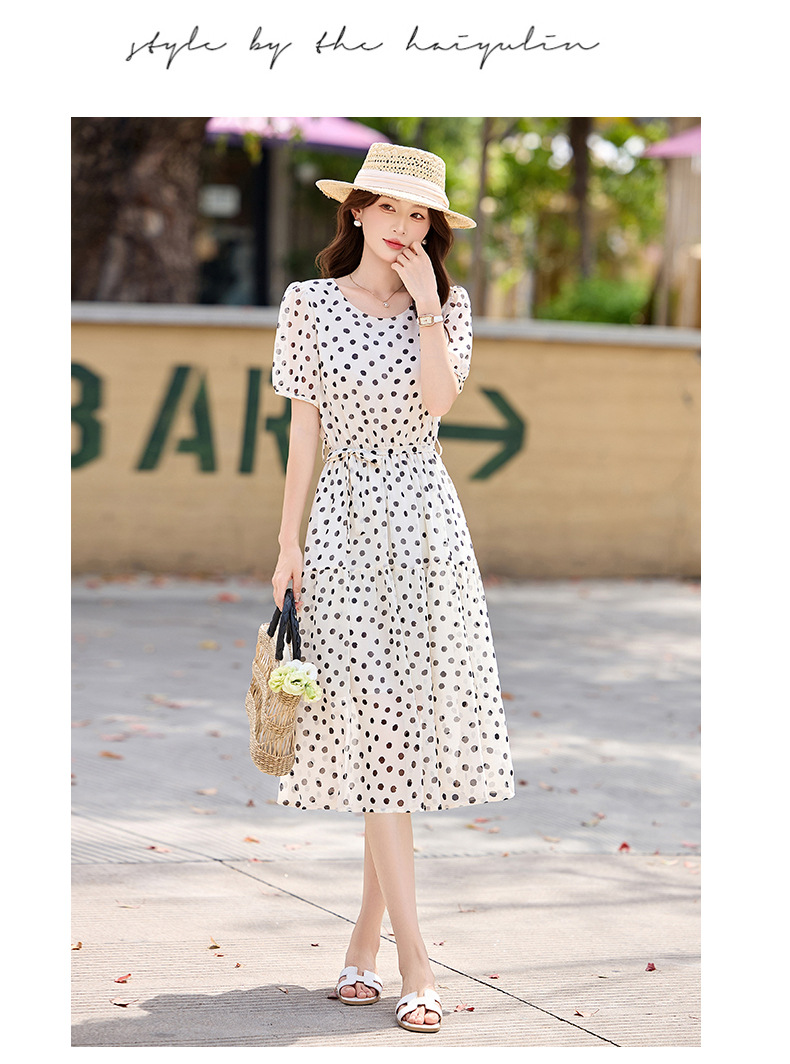Đầm maxi nữ thắt eo chấm bi tay ngắn phong cách thời trang — màu đen, màu trắng chi tiết 18