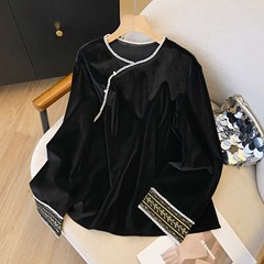 新款 2025秋冬新中式加厚金丝绒气质上衣女感刺绣国风打底衫