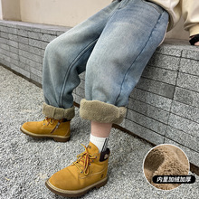 男童加绒裤子羊羔绒冬装大儿童一体绒牛仔裤2024新款冬季加厚棉裤