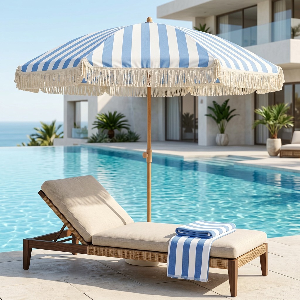 Factory Custom-Made Twist Tassel Beach Umbrella with Custom Printed Polyester Fabric for Outdoor Sunshade Garden Patio Umbrella
