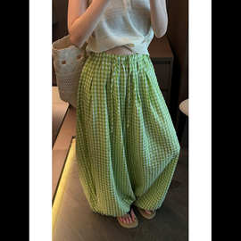 韩系清新绿格纹抽绳阔腿睡裤女秋季慵懒风宽松显瘦长裤大码家居裤