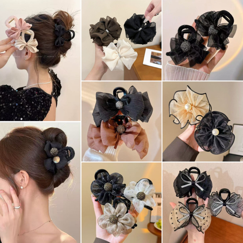 网红韩版网纱花朵抓夹女后脑勺发夹高级感甜美温柔法式盘发鲨鱼夹