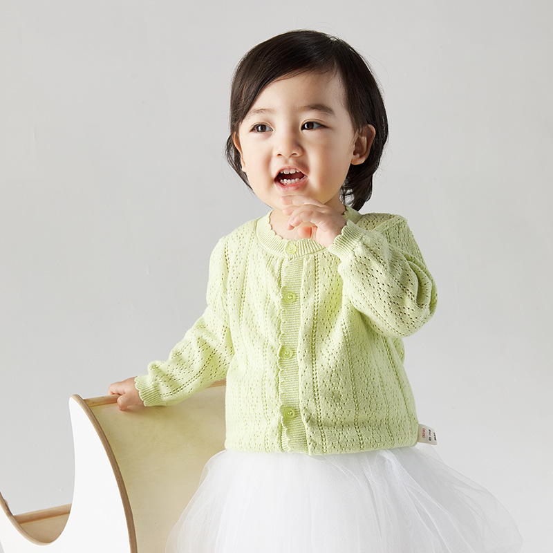新款嬰幼童針織開衫男女寶寶空調衫镂空花邊圓領毛衣薄棉線衣代發